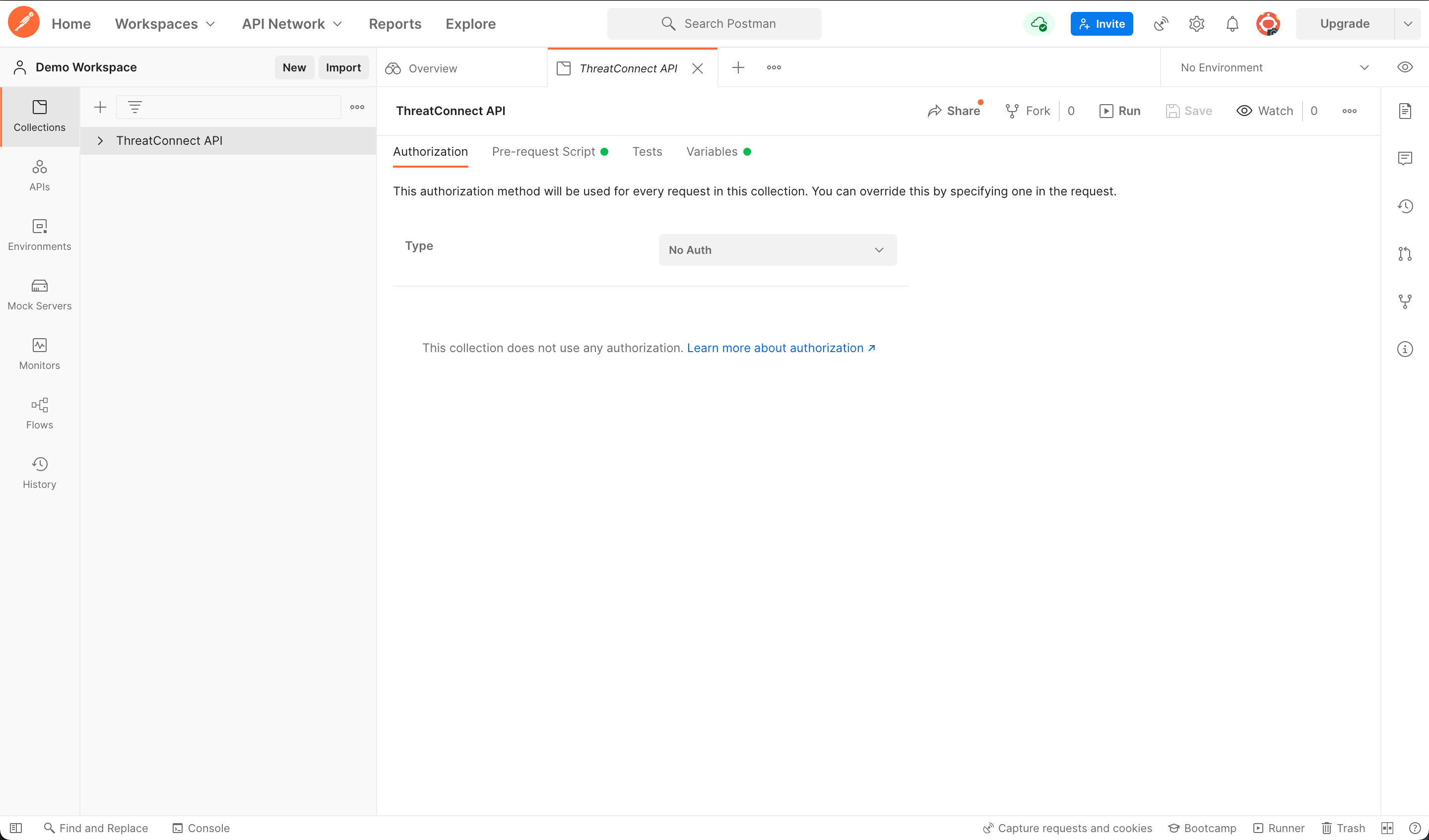 Authentication subtab of ThreatConnect API in Postman