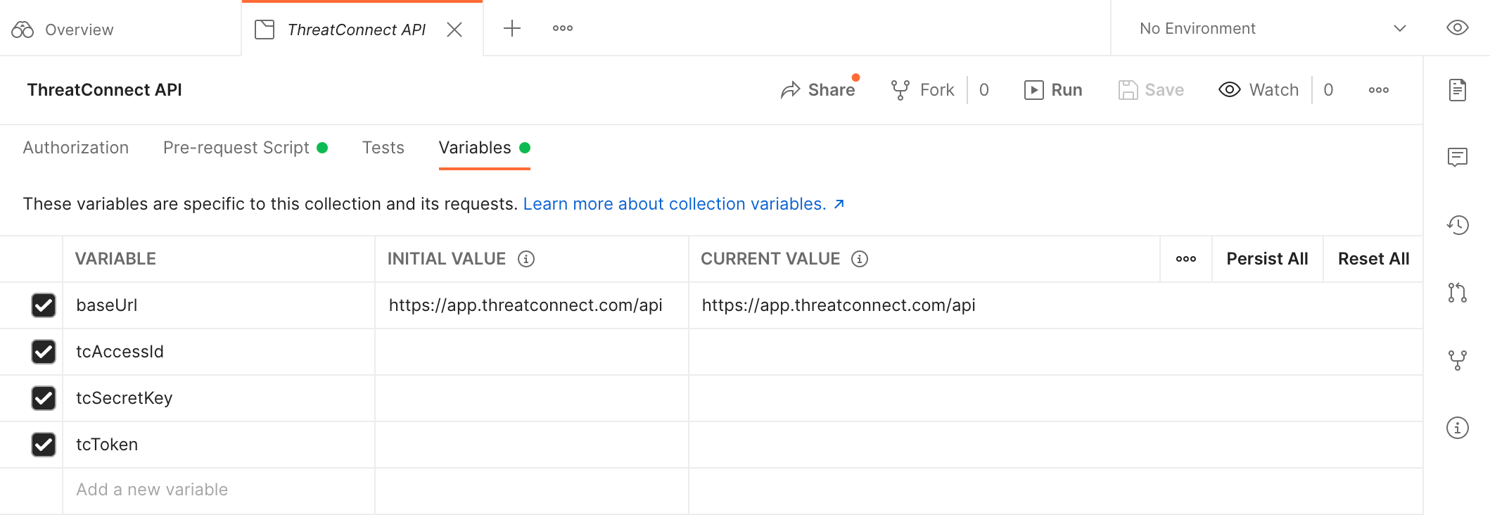 Variables subtab of ThreatConnect API in Postman