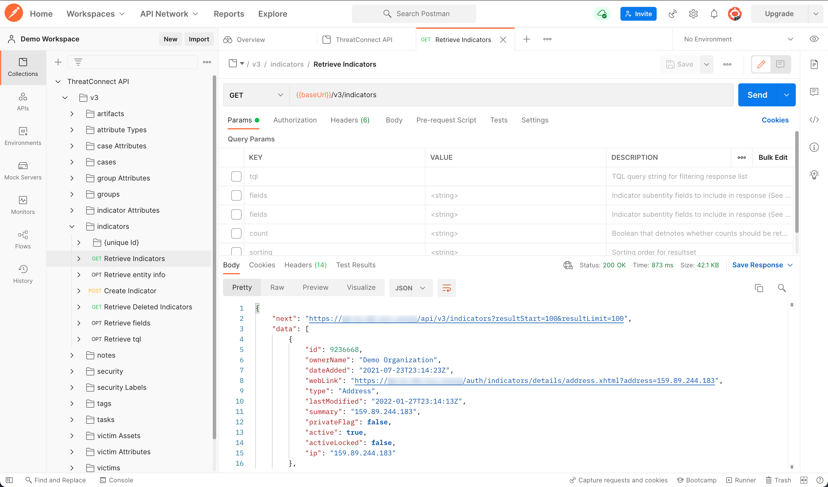 Response data from the ThreatConnect API in Postman